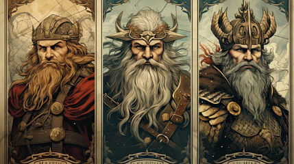 Set of three fantasy illustration of a viking warrior with horned helmet.