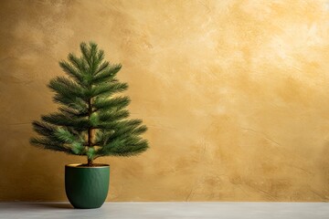 Christmas tree standing in plant pot, no decoration. Minimalist interior scene. Potted xmas tree waiting for season, holiday. Venetian plaster wall in golden color.
