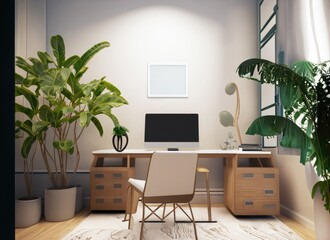  Tropical interior working room. AI Generated.