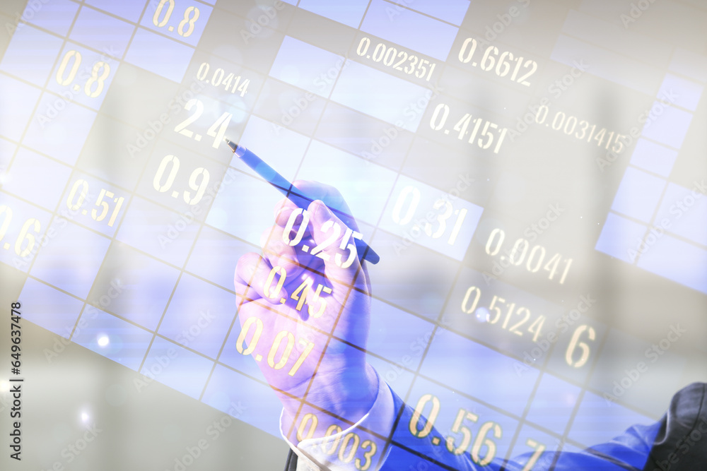 Poster multi exposure of male hand with pen working with abstract virtual graphic data spreadsheet sketch o