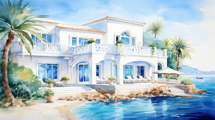 Charming seaside villa watercolor illustration - Generative AI.