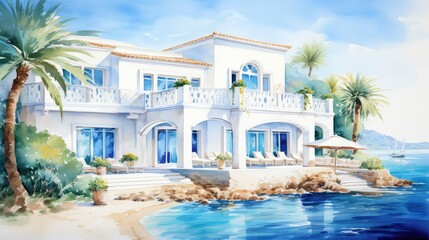 Fototapeta premium Charming seaside villa watercolor illustration - Generative AI.