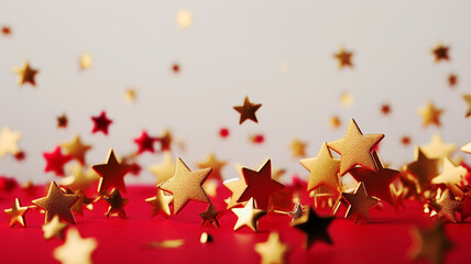 Golden shiny stars on a red background, festive New Year greeting background