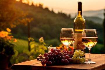 Wine Lover's Dream: Grape Cluster, Wine Bottle, and Glass in the Scenic Piedmont Wine Region of...