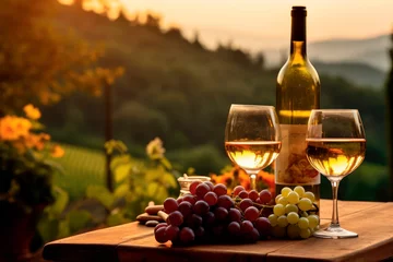 Fototapeten Wine Lover's Dream: Grape Cluster, Wine Bottle, and Glass in the Scenic Piedmont Wine Region of Italy, a UNESCO World Heritage site © Mr. Bolota