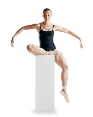 Ballet, ballerina and portrait of woman dancer on box on isolated, png and transparent background....