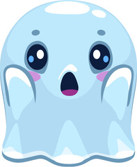 Cartoon Halloween emoji, surprised ghost character with wide, surprised eyes and open-mouthed expression, evoking charming mix of spookiness and innocence. Isolated vector kawaii spook radiate wonder