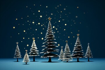 Miniature Christmas trees, silver stars, deep blue background, glowing moon