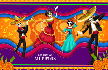 Cartoon dia de los muertos day of the dead mexican holiday paper cut banner. Catrin and mariachi skeletons wear traditional costumes dancing and playing violin or trumpet inside of 3d vector frame - obrazy, fototapety, plakaty