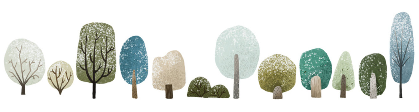 set with simole trees and bush, hand painted forest clipart. Nature isolated elements
