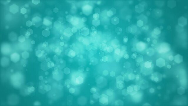 Blue background with white blurred geometric shapes hexagons. Looped animation. Copy space.
