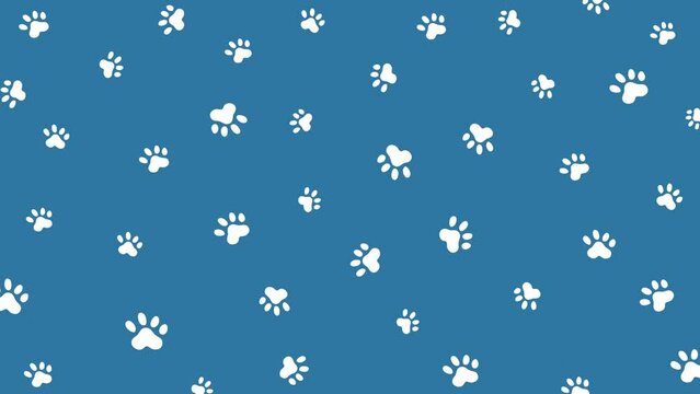Paw pet seamless pattern, dog or cat footprint texture, animal background, grunge stamp repeat. Cartoon loop animation on blue background.