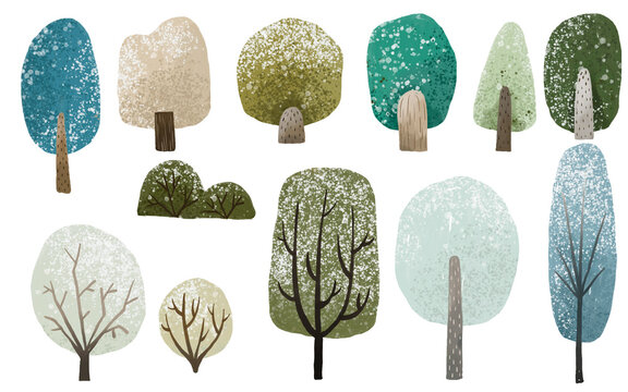 set with simole trees and bush, hand painted forest clipart. Nature isolated elements