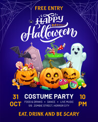 Halloween holiday costume party flyer with monster pumpkins and ghosts, vector poster. Happy Halloween and trick or treat party flyer with spooky candy and scary sweets of skeleton skull and potion