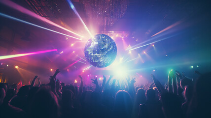 abstract background disco nightclub mirror disco ball with rays of light, silhouette of a crowd of people in the spotlight, and a musical performance, fictional - obrazy, fototapety, plakaty