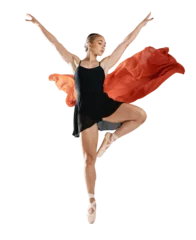 Foto auf Acrylglas Ballet, dance and woman with red, fabric or artist with silk material on isolated, transparent or png background. Ballerina, jump or balance with wind, air or freedom in performance and aesthetic © Suresh/peopleimages.com