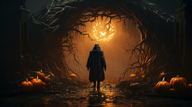 unusual mystical halloween art, pumpkin symbol and silhouette, fictional computer graphics horror autumn postcard