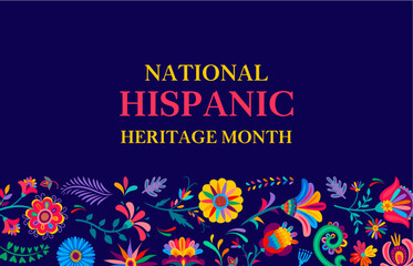 National hispanic heritage month festival banner with vector border of tropical flowers and plants pattern. Hispanic culture commemoration card with huichol ornaments of bright color flowers, leaves