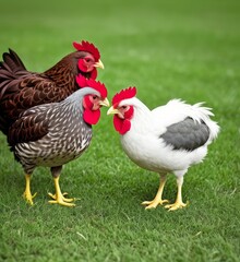 Chickens walking on green grass, white chickens, red crests