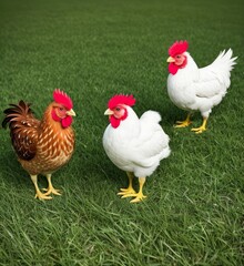 Fototapeta premium Chickens walking on green grass, white chickens, red crests