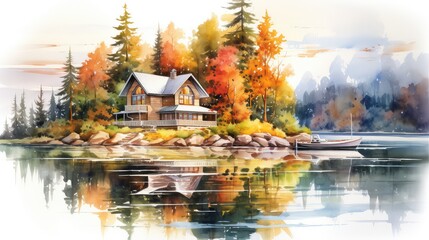 Cottage by a lake watercolor illustration - Generative AI.