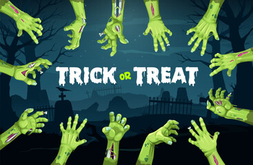 Halloween zombie hands banner for holiday horror night and trick or treat party, vector background. Spooky undead or dead zombie green hands reaching out from grave on cemetery with tombstones