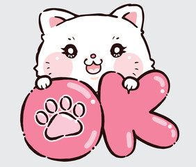 little cute cat holding OK sign balloon, Kawaii cartoon style