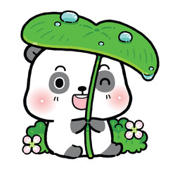 Cute Little Panda is hiding under a big leaf from the rain. flat cartoon style.