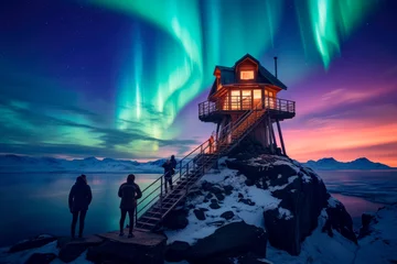 Foto auf Acrylglas Northern Lights Expedition: Hiking Under the Aurora in Lapland's Snowy Wonderland. Chasing the Arctic Glow. Stunning Aurora Borealis © Mr. Bolota