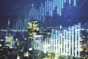 Multi exposure of abstract virtual financial graph hologram on blurry skyline background, forex and investment concept