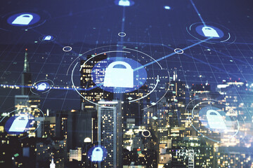 Virtual creative lock illustration with microcircuit on San Francisco cityscape background, cyber security concept. Multiexposure