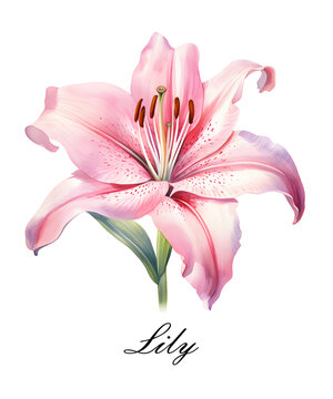 Watercolor pink single lily flower. Watercolor botanical illustration isolated.