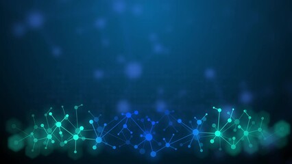 Blue blurred abstract background with copy space. Geometric mesh of molecules. Glowing dots and connecting lines. Scientific technological looped motion graphics.