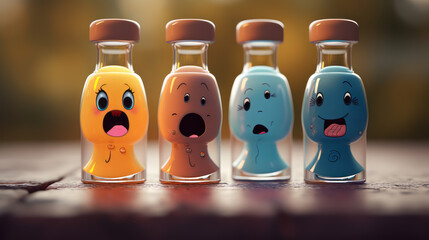 Bottles with monsters with different emotions. Effective emotional expression 