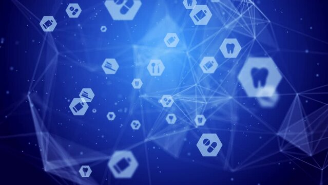 Dental digital technology blue looped background with a grid of medical icons in hexagons. Plexus line.