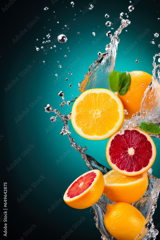 Poster fresh fruit plunge creating juice splash background with empty space for text