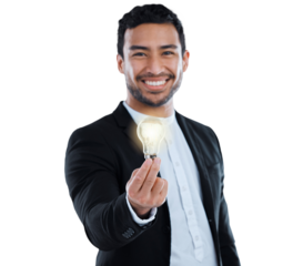 Business man, light bulb with inspiration or idea in portrait, energy and innovation isolated on png transparent background. Electricity, power and insight with knowledge, brainstorming and learning