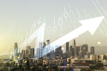 Multi exposure of abstract financial diagram and upward arrow on Los Angeles office buildings background, rise and breakthrough concept