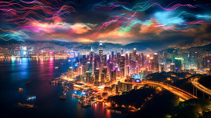 High-angle capture of a sprawling metropolis illuminated in neon colors by night.