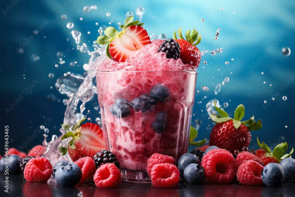 Poster smoothie blend splash frozen mid-air background with empty space for text
