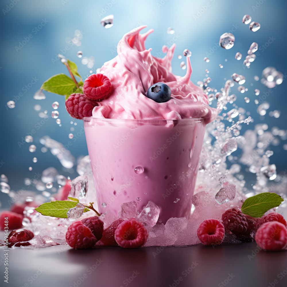 Poster smoothie blend splash frozen mid-air background with empty space for text