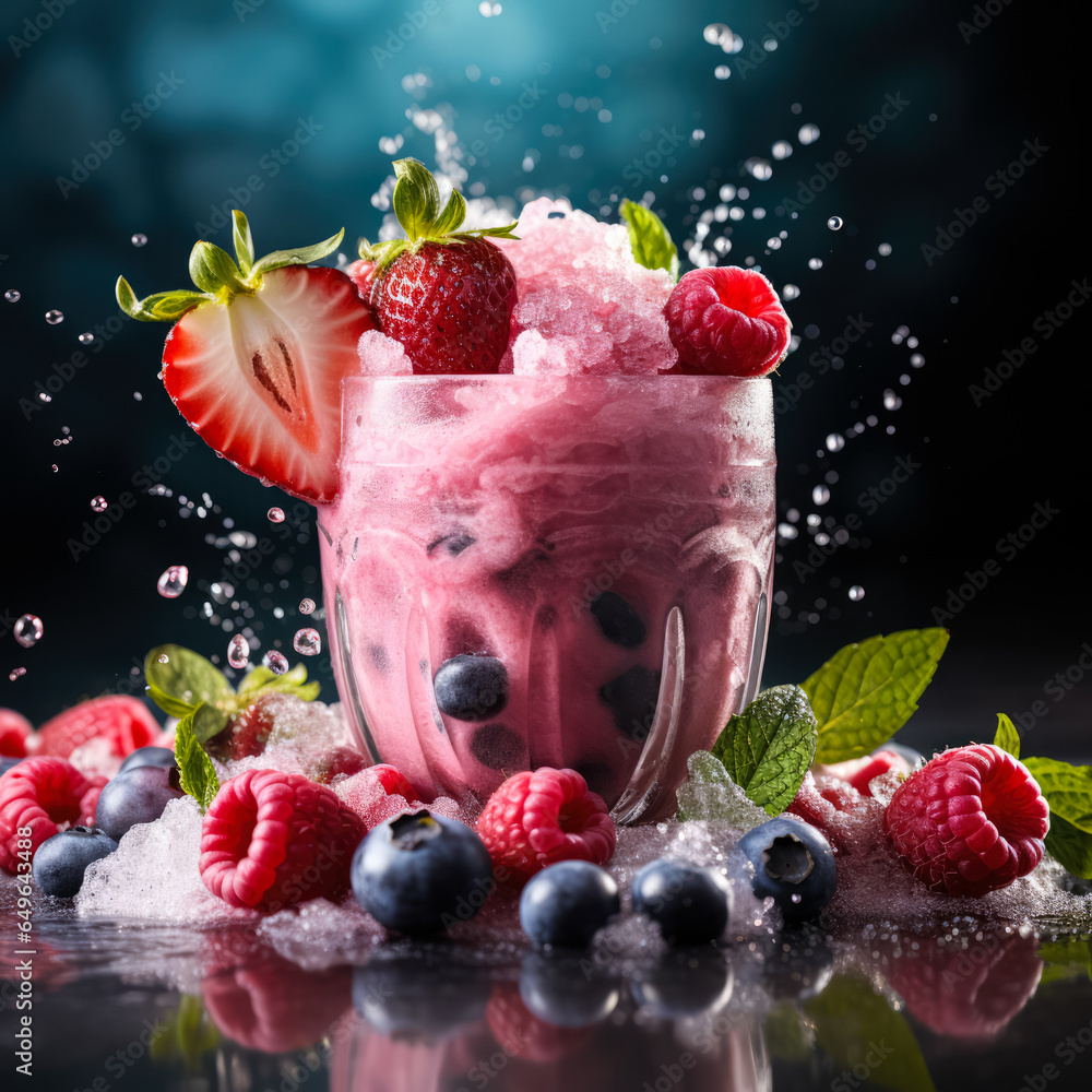 Poster smoothie blend splash frozen mid-air background with empty space for text