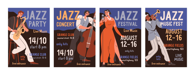 Jazz music concert, festival, party, posters designs set. Musicians and singers on promotion flyers templates. Cards backgrounds with saxophone, trumpet, double bass players. Flat vector illustrations