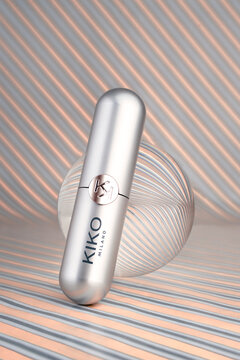  Kiko Milano lipstick on striped background. Riga, Latvia - August  16, 2022 