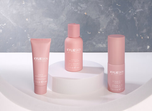 Kylie skin by Kylie Jenner cosmetics closeup against white background. Riga, Latvia -JULY 21 , 2022 