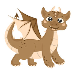 Cute dragon in cartoon style. A fairy-tale  monster stands sideways on its paws and smiles.