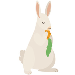 Cute bunny isolated  illustration of a white playful rabbit on white backgroud. Fun character for easter cards or background elements. Adorable hare eating a orange half eaten carrot and sitting down.