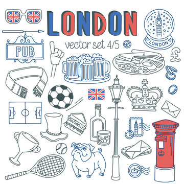 London doodle set. Landmarks, architecture and traditional symbols of English culture. Drawings isolated on white background. Outline stroke is not expanded, stroke weight is editable,city