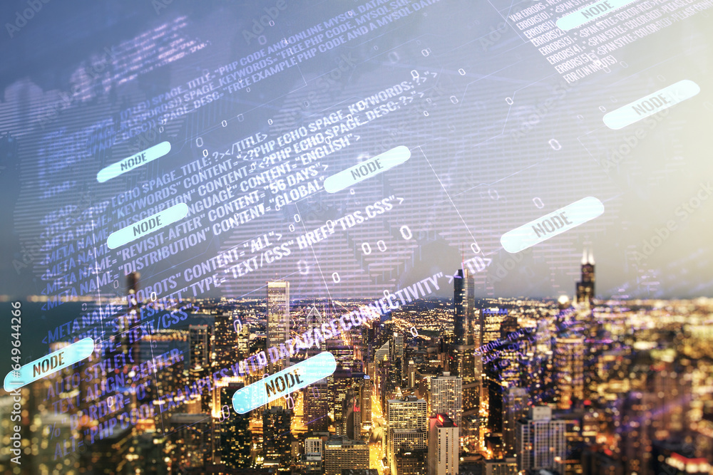 Poster double exposure of abstract programming language hologram and world map on chicago city skyscrapers 