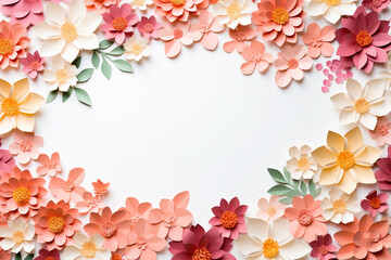 Paper cut flowers and leaves, Fresh spring nature background. Floral banner, poster, flyer template with copy space.